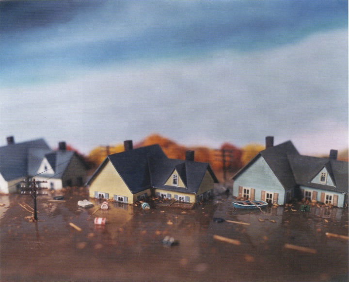 Diorama or model of a flooded suburb
