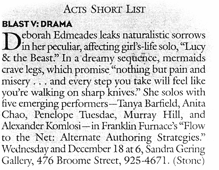 Magazine clipping, “Deborah Edmeades leaks naturalistic sorrows in her peculiar, affecting girl’s life solo…”