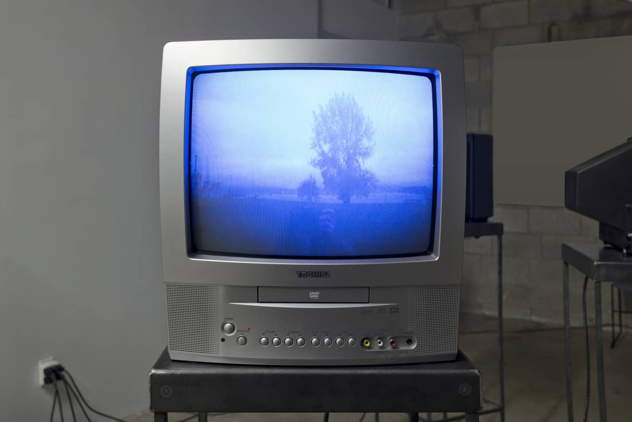 Closeup of a TV with violet-blue image of tree