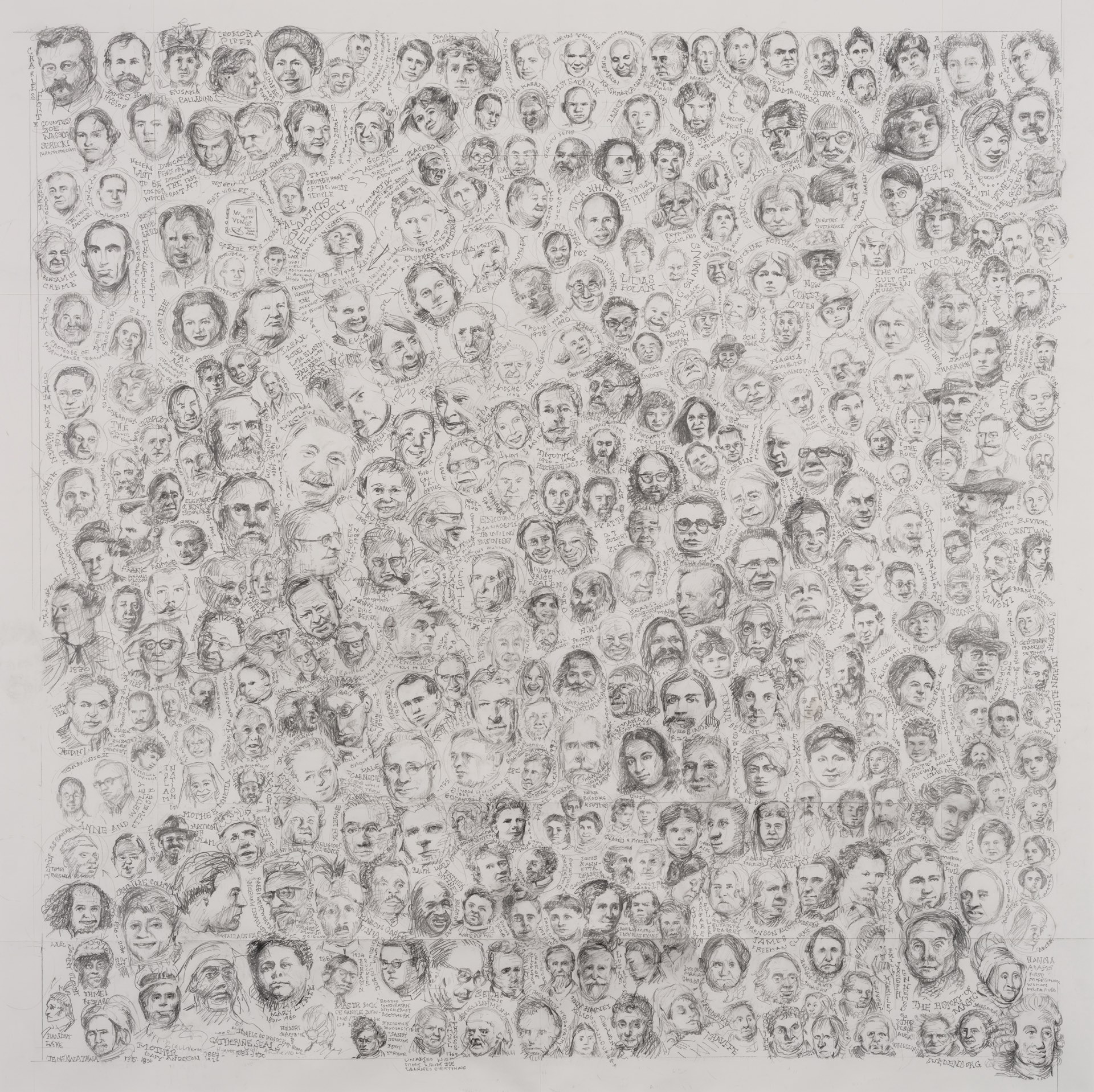 Large pencil drawing consisting of a hundred small portraits, including the names of the people depicted