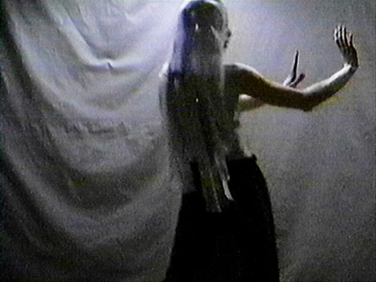 Performer standing, veiled, from behind. She gestures with her arms