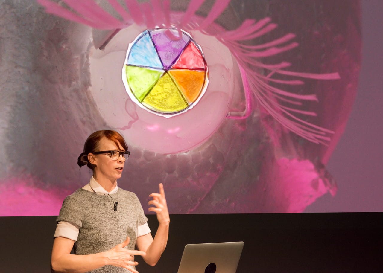 Closeup of the artist speaking