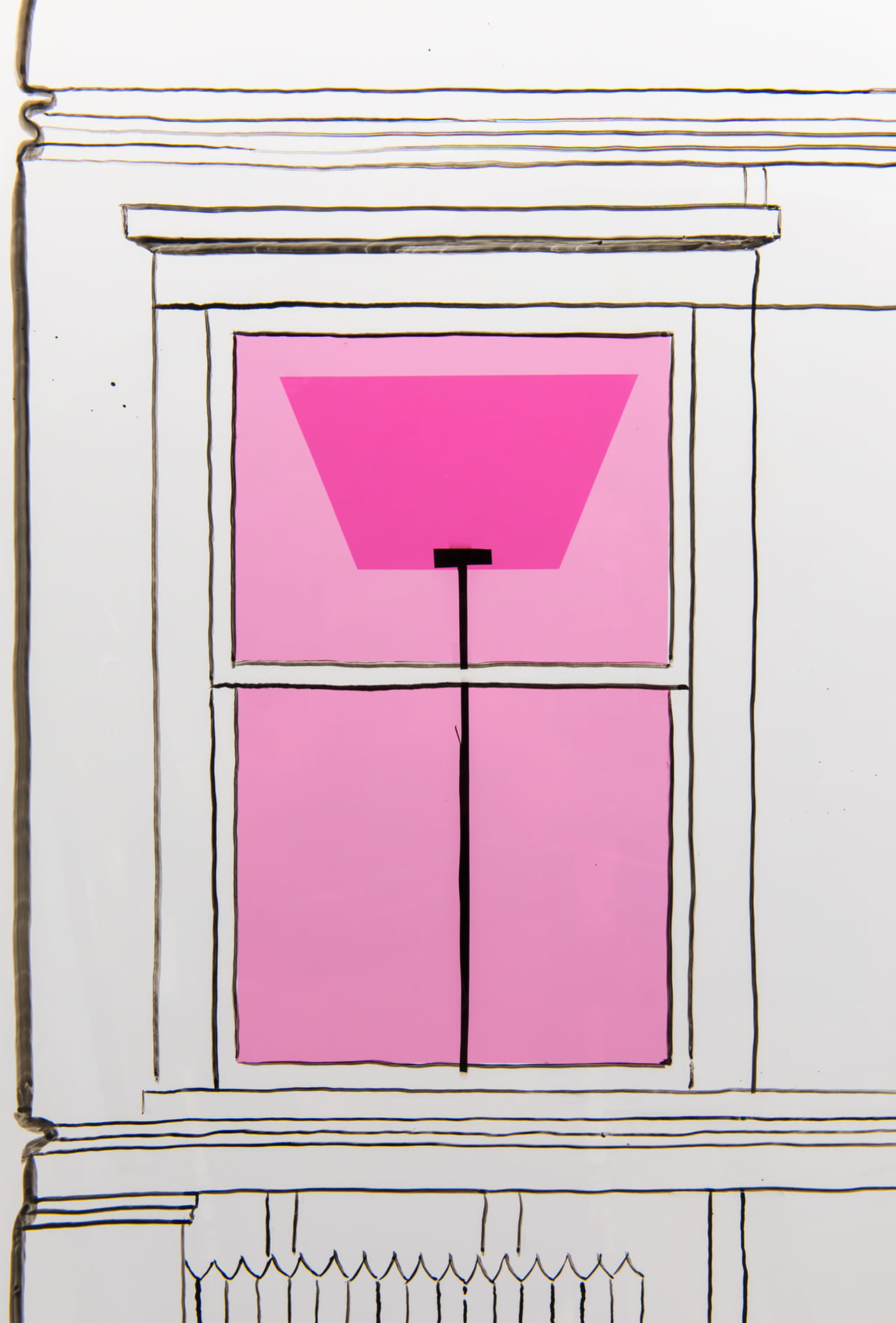 Artwork detail showing a window with a teleprompter in it